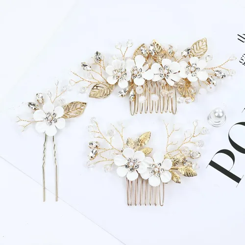 Vista 7 de Dizila 20 piezas de diamantes de imitación para novia, boda, fiesta, graduación, perlas, doradas, flores blancas, peines laterales