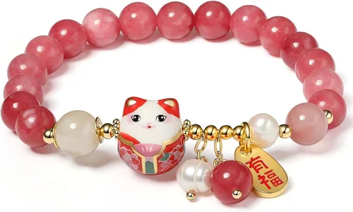 Vista 5 de Pulsera de gato de la suerte con cristal azul, colgante de gato de cerámica, joyería de buena suerte Feng Shui para mujer, pulsera de riqueza