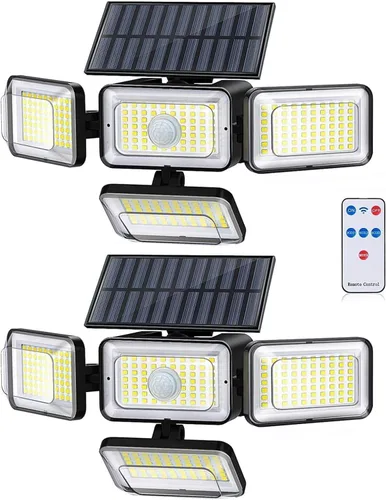 Vista 6 de Luces solares para exteriores, 288 LED 2800LM sensor de movimiento luz al aire libre con control remoto, 4 cabezales IP65 impermeable luces solares