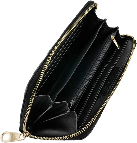 Vista 2 de Fioretta Cartera acolchada de cuero genuino italiano para mujer, organizador de tarjetas de crédito, color negro, Negro, Cartera con cremallera