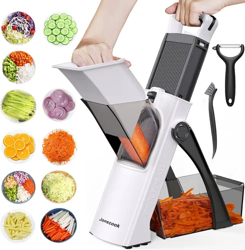 Vista 13 de Jonscook Rebanador de mandolina todo en uno seguro para cocina, picador de alimentos con contenedor, cortador de verduras con grosor ajustable