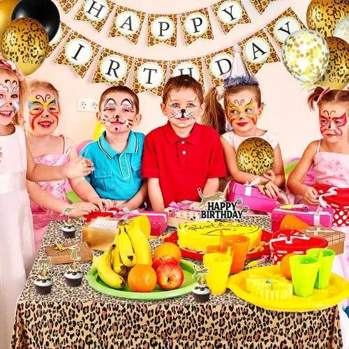 Vista 4 de Civaner 51 piezas de decoración de cumpleaños de guepardo dorado, incluyendo pancarta de cumpleaños de guepardo, globos, decoración de pastel