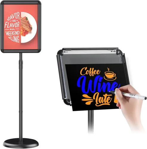 Vista 8 de Soporte de pedestal ajustable para cartel o pizarra de tiza de 8.5 x 11 pulgadas, marco abierto a presión, rotación de 360°, soportes para letreros