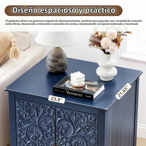Vista 3 de weselon Mesa auxiliar de estilo granja con puerta floral tallada, mesita de noche de 24 pulgadas de ancho con estante ajustable, mesa auxiliar