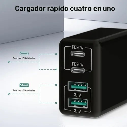 Vista 4 de Cargador de pared USB C, bloque cargador USB C de 4 puertos de 40W, bloque de carga rápida puerto dual PD+QC enchufe de pared multipuerto tipo C