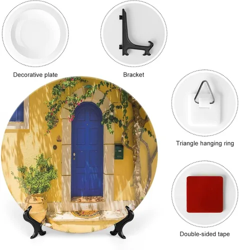 Vista 3 de Plato decorativo de 8 pulgadas, placa de porcelana amarilla y azul, placa de exhibición tradicional griega para puerta de casa griega para cenas
