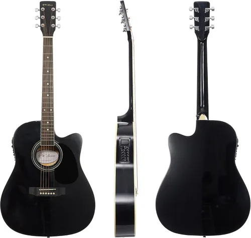 Vista 2 de Jameson Guitars - Guitarra eléctrica acústica Thinline de tamaño completo con funda y púas, negra, para diestros
