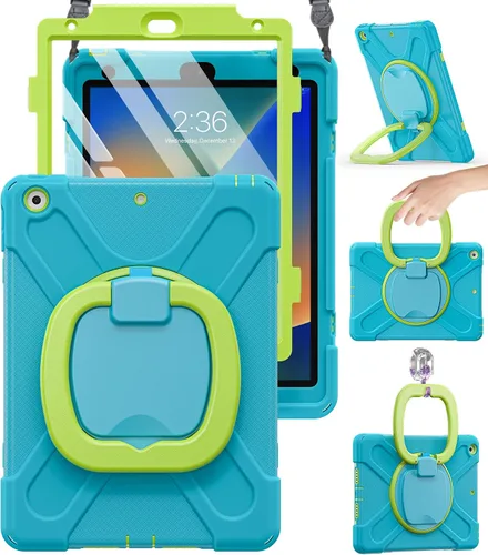 Vista 18 de BRAECN Funda para iPad de 9ª/8ª/7ª generación, resistente funda de silicona apta para niños con soporte plegable/asa para lápices, correa de hombro