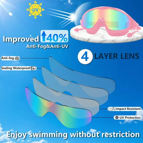 Vista 3 de Gafas de natación para adultos para mujeres y hombres, sin fugas, sin niebla, visión amplia, gafas de sol con tapones para los oídos y clip
