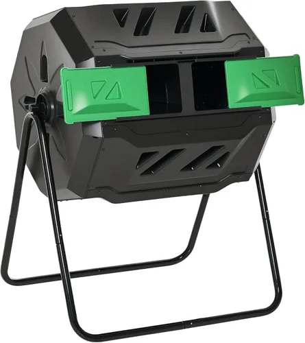 Vista 13 de Outsunny Cubo de compostaje giratorio para exteriores 360° de doble cámara, contenedor de compost de 43 galones, negro
