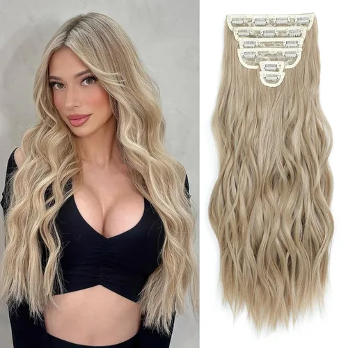 Vista 10 de Extensiones de cabello con clip para mujer, mezcla negra oscura con reflejos marrón claro, 20 pulgadas, 6 piezas, extensiones de cabello largo
