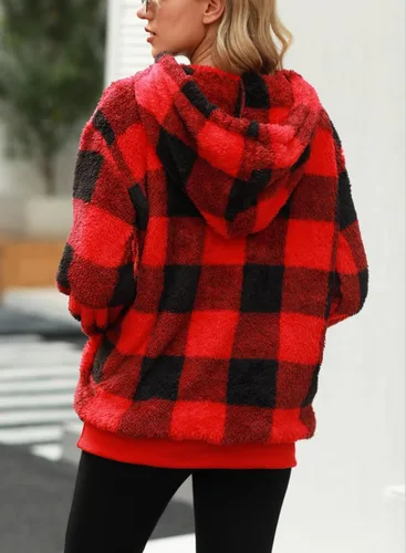 Vista 4 de Nirovien - Sudadera con capucha para mujer, sherpa, sin botones, de gran tamaño, mullida, de vellón doble, abrigada, suave, a cuadros