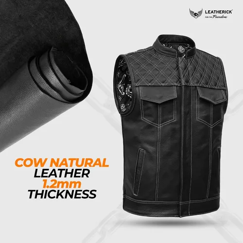 Vista 6 de Leatherick Mens Black Motorcycle Vests - Top Grain Cow Leather SOA Club & Traditional Paisley Satin Liner Leather Biker Vests