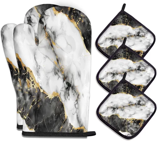 Vista 18 de MCALK Juego de 5 manoplas de horno y soportes para ollas, guantes abstractos para horno y almohadillas calientes para cocina de cocina, manoplas
