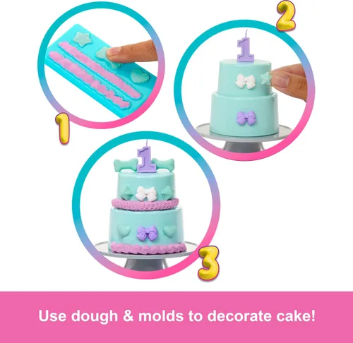 Vista 5 de Muñeca y Accesorios Barbie Party Unboxed, Set de Estrellas de Fiesta de la Serie Cumpleaños de Mascotas con 10 Sorpresas Incluyendo Cambio