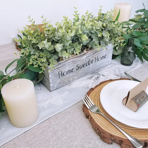 Vista 6 de 1 pieza de plantas de eucalipto en maceta de madera, arreglo vegetal, planta de eucalipto artificial en caja rectangular de madera para casa