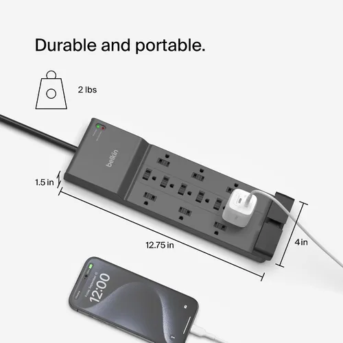 Vista 5 de Belkin - Tira de alimentación con protector contra sobretensiones - 12 tomas múltiples de CA & cable de extensión resistente de 8 pies de largo