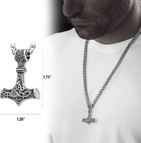 Vista 2 de BAVIPOWER Mjolnir Thors Hammer Collar Collar vikingo de acero inoxidable auténtica joyería nórdica para hombres y mujeres Metal