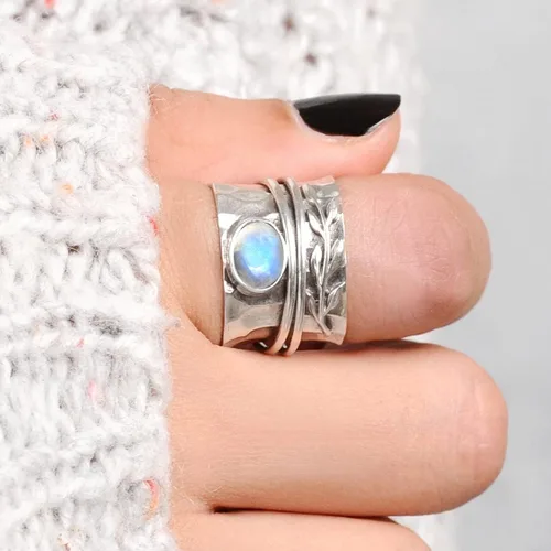 Vista 2 de Boho-Magic Anillo giratorio de plata de ley 925 para mujer con piedra lunar