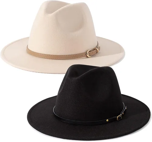 Vista 10 de Lisianthus Paquete de 2 Sombreros Fedora Clásicos de Ala Ancha con Hebilla de Cinturón para Hombre y Mujer Conjunto 1