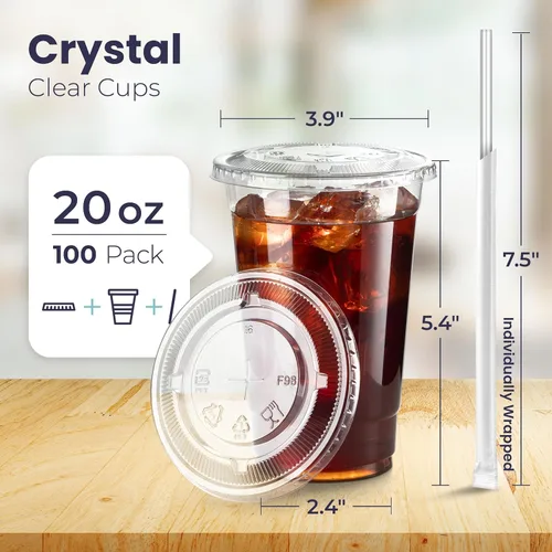 Vista 2 de Fit Meal Prep Paquete de 100 Vasos de Plástico para Café Helado de 20 oz con Tapas Planas y Pajitas Transparentes, Vaso Transparente Desechable