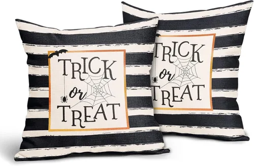 Vista 8 de Kawani Juego de 2 fundas de almohada de Halloween con diseño de truco o trato de 16 x 16 pulgadas, diseño de rayas blancas y negras, fundas