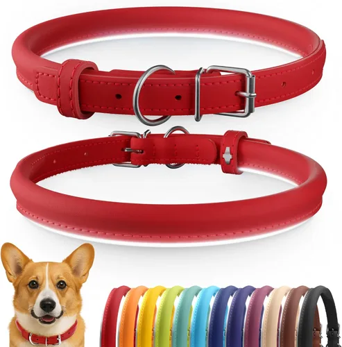 Vista 100 de CollarDirect - Collar de cuero enrollado para perro, collar redondo acolchado suave para cachorro, collar de cuero auténtico hecho a mano