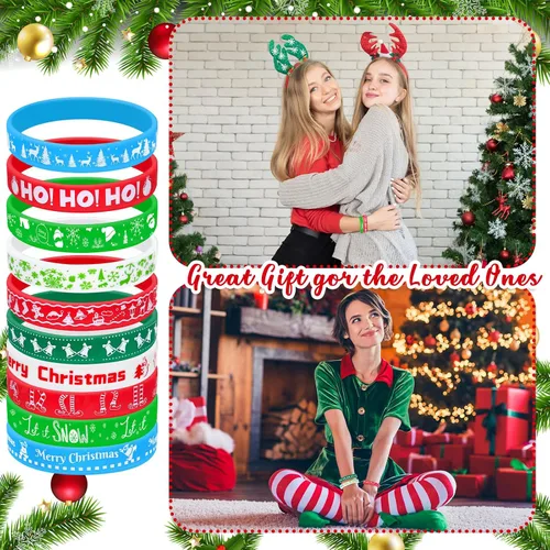 Vista 4 de Tondiamo 200 pulseras de silicona de Navidad, pulseras de goma, pulseras de Navidad a granel, regalos de fiesta feliz para niños y adultos, rellenos