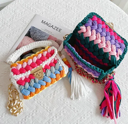 Vista 6 de Bolso cruzado para mujer, bolso de hombro de punto de hilo grueso, bolso de mano tejido a mano, bolso de noche con solapa