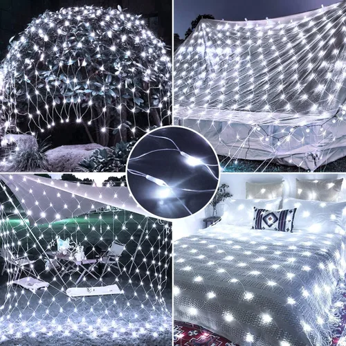 Vista 4 de JMEXSUSS Luces de cortina blancas y luces de red, 8 modos para arbustos enchufables, tira de luces de Navidad impermeables para arbustos, techo