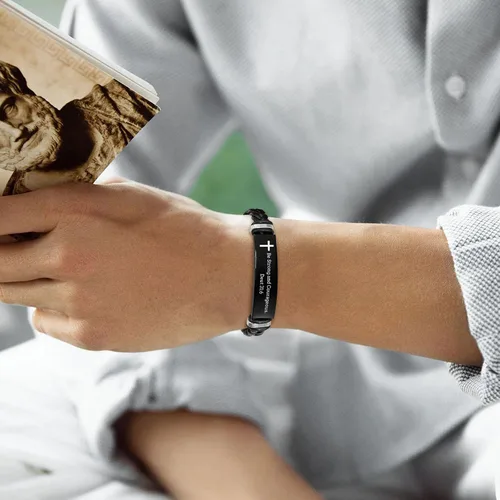 Vista 5 de Pulsera de cuero para hombre, regalo de sobriedad para hombre: cita inspiradora/versículo bíblico grabado, pulsera trenzada negra para hombre