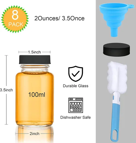 Vista 2 de Botellas de vidrio con tapas negras, 8 recipientes transparentes reutilizables de 3.5 onzas, tarro pequeño de boca ancha, ideal para jengibre