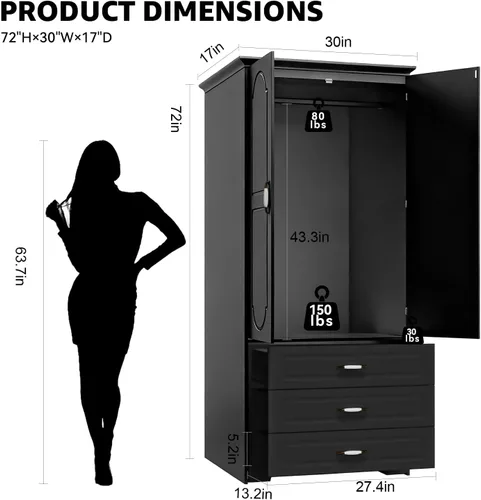Vista 2 de FJTJBSI Armario Armario con 3 cajones y luz LED de 72 pulgadas, armario de madera para dormitorio con 2 puertas y manijas de puerta de cerámica Negro