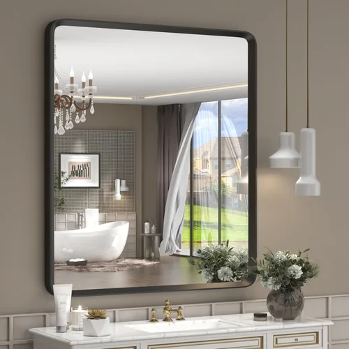 Vista 41 de Espejo rectangular con marco mate negro de 20x30 pulgadas para baño, espejo de tocador para pared de baño con esquinas redondeadas, antióxido y a