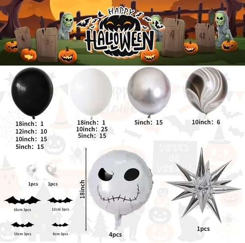Vista 2 de Kit de arco de globos de Halloween, globos de esqueleto blanco y negro para decoración de Halloween, guirnalda de globos con estrella de explosión