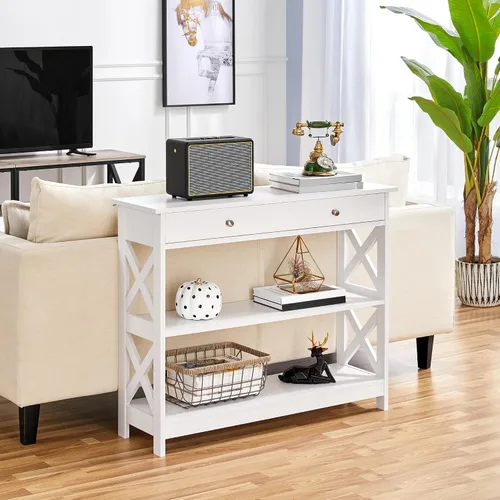 Vista 9 de Yaheetech Mesa consola con cajón, mesa de entrada de 3 niveles con estantes de almacenamiento, mesa de sofá estrecha de madera para Blanco