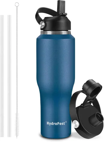 Vista 12 de Botella de agua de 32 onzas aislada con popote, botellas de agua a prueba de fugas, botella de agua para hombre, acero inoxidable para gimnasio