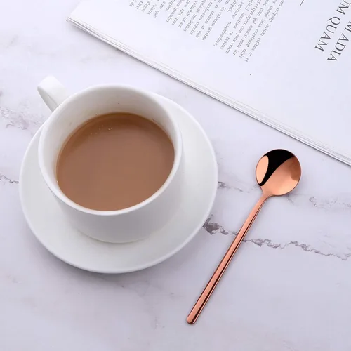 Vista 5 de Juego de 8 cucharas de café pequeñas de acero inoxidable 18/10 de oro rosa para té, postre, aperitivo, 5.1 pulgadas