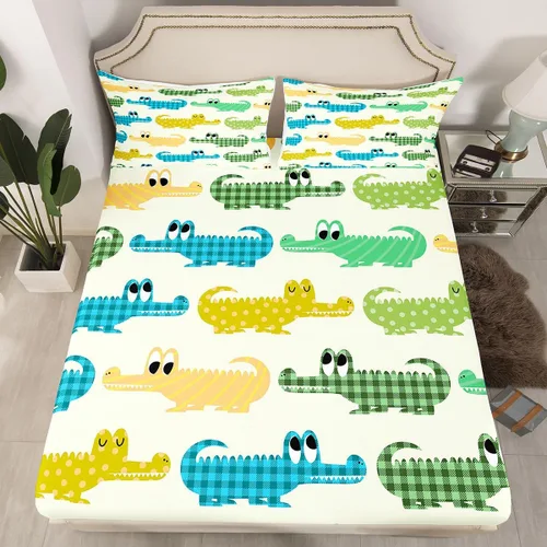 Vista 3 de Erosebridal Juego de ropa de cama de cocodrilo para niños, tamaño individual, lindo juego de sábanas de cocodrilo de dibujos animados para niños