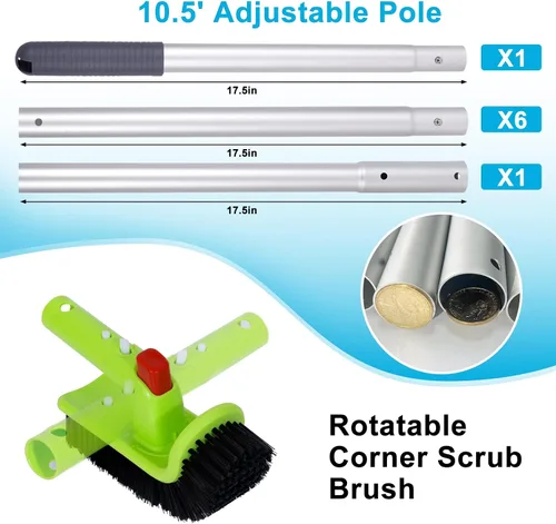 Vista 6 de Kit de limpieza de piscina de lujo que incluye red profesional para desnatar hojas, cabezal de cepillo de piscina de 17.5 pulgadas, cepillo