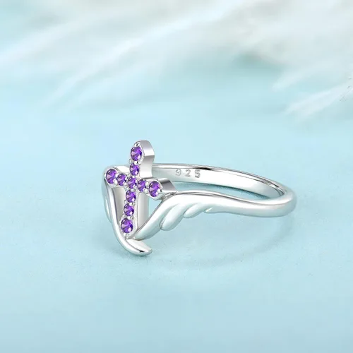 Vista 5 de STARCHENIE Cross Ring 925 Sterling Silver Angel Wings Ring for Women Size 5-10 02-Amatista-Febrero
