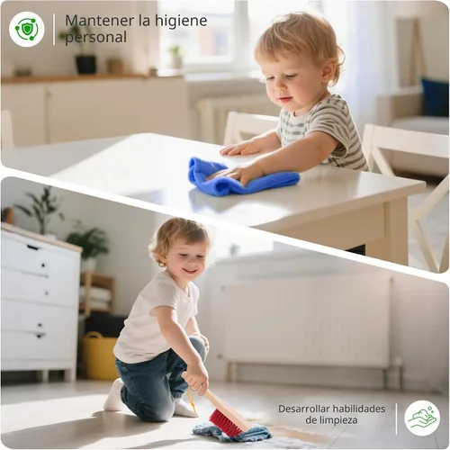 Vista 7 de WOODMAM Juego de Limpieza de Madera para Niños con Trapeador Rociador, Juguetes de Limpieza Montessori con Rociador de Agua Real y Juego