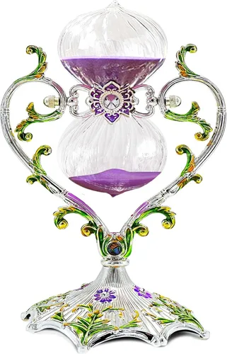 Vista 8 de Reloj de arena con temporizador de arena decorativo, reloj de arena blanca giratorio de 360° de metal de 30 minutos, decoración antigua de cristal