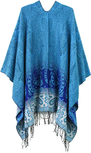 Vista 2 de Poncho con flecos, con estampado vintage, estilo retro, a la moda, para mujer. Capa, chal.