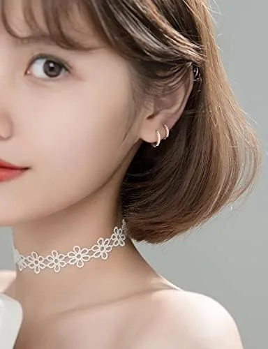 Vista 4 de Aretes pequeños en forma de círculo de plata de ley 925 con circonia cúbica, 3 pares de aros chapados en oro blanco de 14 quilates para piercing