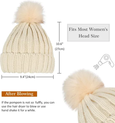 Vista 3 de Muryobao Gorro de invierno para mujer, con forro de satén, de piel sintética, con pompones, de punto, con forma de calavera