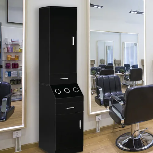 Vista 8 de OmySalon Estación de peluquería, estaciones de peluquería con estante de almacenamiento de 2 niveles con puerta, gabinete de almacenamiento