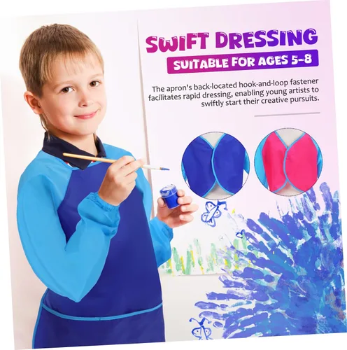 Vista 7 de 2Pcs Artist Apron Long Sleeve Painting Smock with Pocket for Ages Reusable Bib for Creative Mess Art Activities