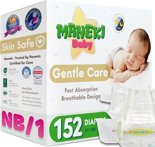 Vista 11 de MANEKI - Pañales para bebé, talla 2 (9-18 libras), 66 unidades, hipoalergénicos, sin fragancia y transpirables, protección contra fugas de hasta 12