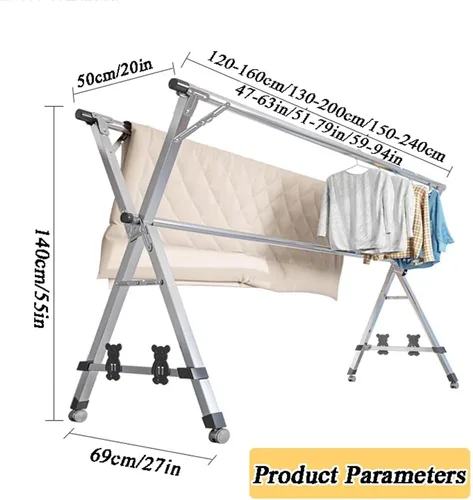 Vista 7 de Foldable Stainless Steel Clothes Drying Rack with Wheels, Adjustable Heavy Duty Laundry Rack for Indoor Outdoor Use(160cm/63in)